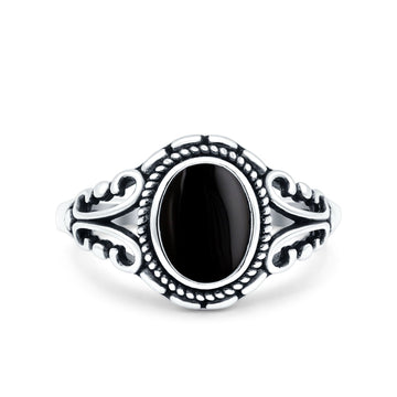 Petite Dainty Vintage Style Oval Ring Solid Simulated Black Onyx 925 Sterling Silver